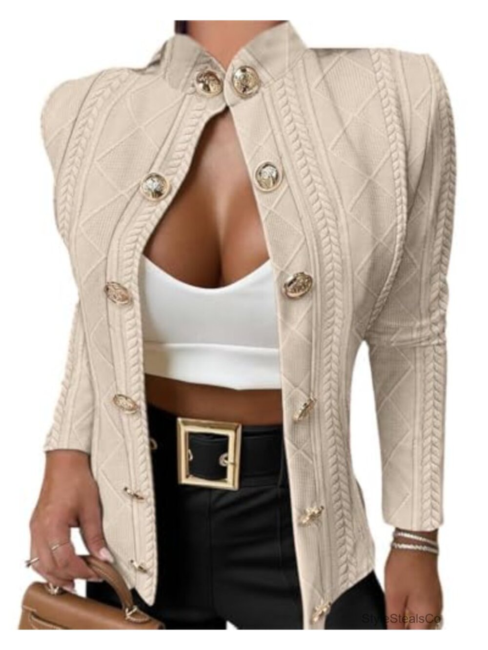 Women's Argyle Cable Knit Cropped Jacket Stand Collar Button Up